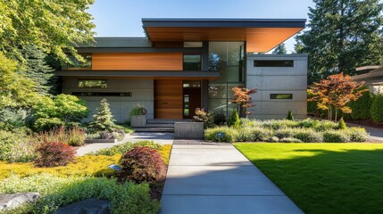 Naklejka premium A modern home exterior with clean lines, a mix of materials like wood and concrete, and a well-maintained garden