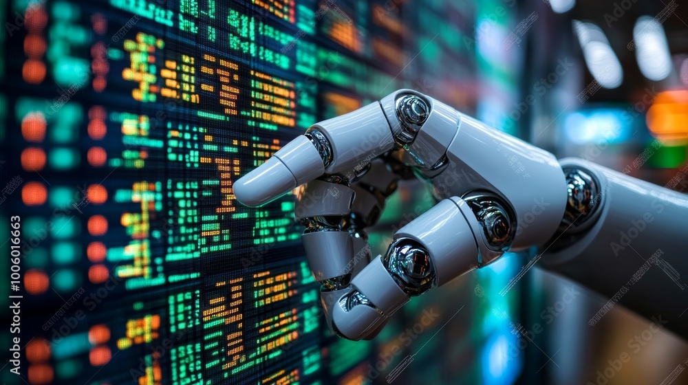 Poster robotic hand interacting with digital data on screen