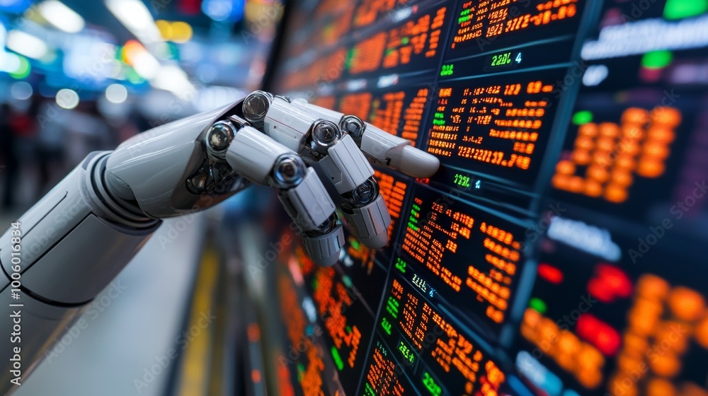 Aufkleber robotic hand interacting with stock market data display