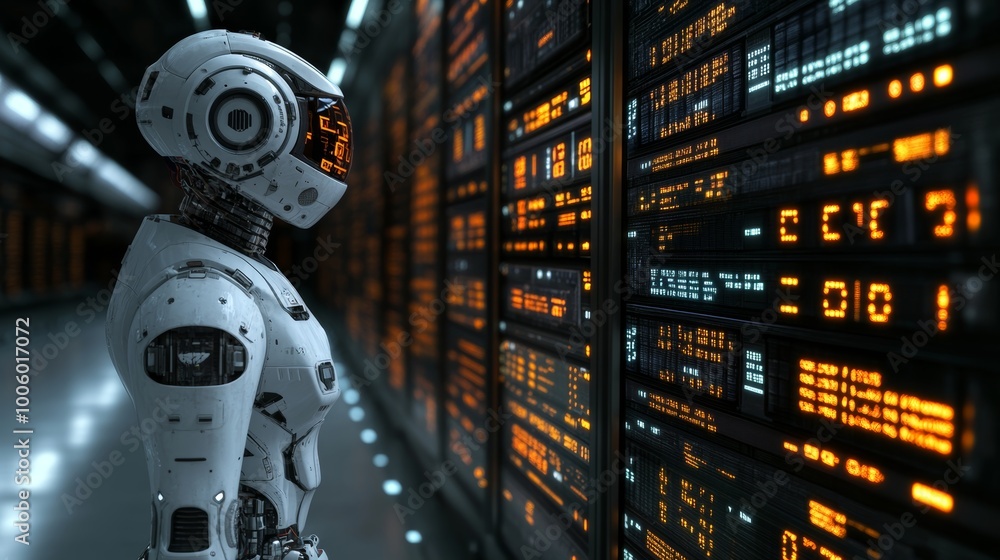 Aufkleber futuristic robot in server room artificial intelligence data center technology cybersp