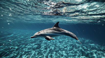 Fototapeta premium High-Resolution Photo of a Graceful Dolphin Swimming Underwater in Clear Blue Sea