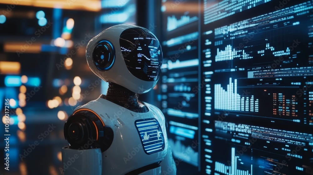 Poster futuristic robot analyzing data on digital screen