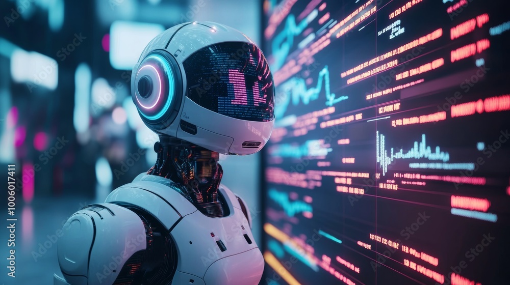 Poster futuristic robot analyzing data on screen with neon lights