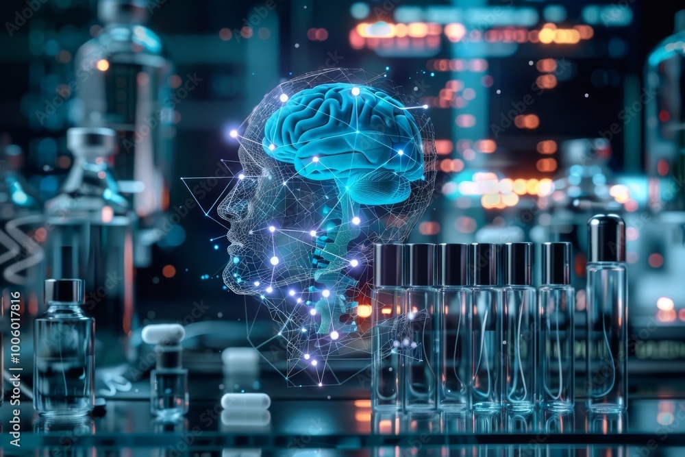 Poster exploring the intersection of neuroscience and technology in a futuristic laboratory setting at nigh