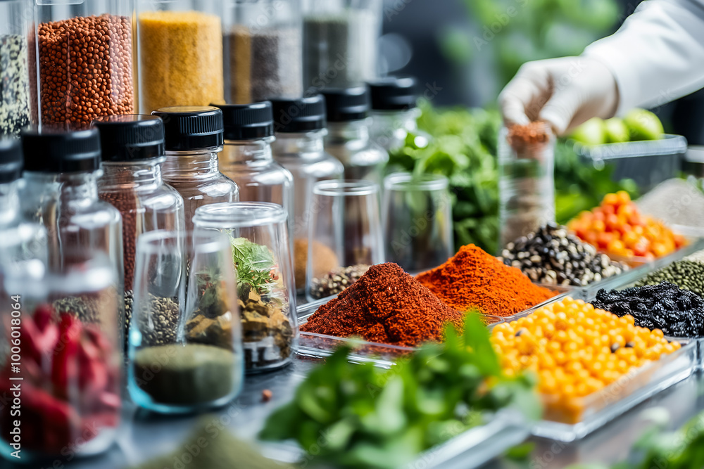 Poster an array of colorful spices and fresh herbs are neatly arranged in jars and containers on a counter,