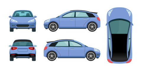 Stylish Modern Sportscar and Hatchback: Cartoon SUV Vehicle Vector with Front, Side, Rear, Top, and Back Views. Vector.