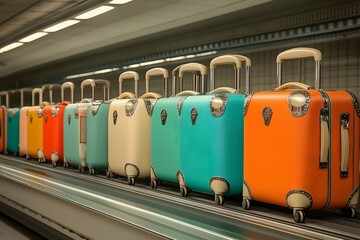 Fototapeta premium Retro vintage suitcases baggage control conveyor belt airport terminal check in.