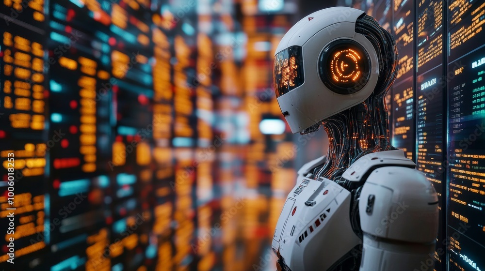Poster futuristic robot with digital interface ai technology cyborg artificial intelligence