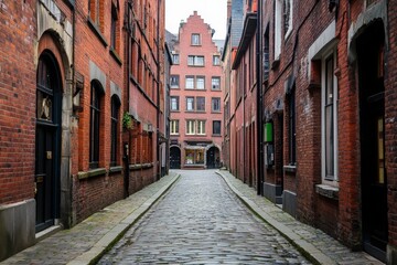 Fototapeta premium A historic urban alley showcasing narrow cobblestone paths between tall brick buildings, emphasizing timeless architectural beauty and cultural history.