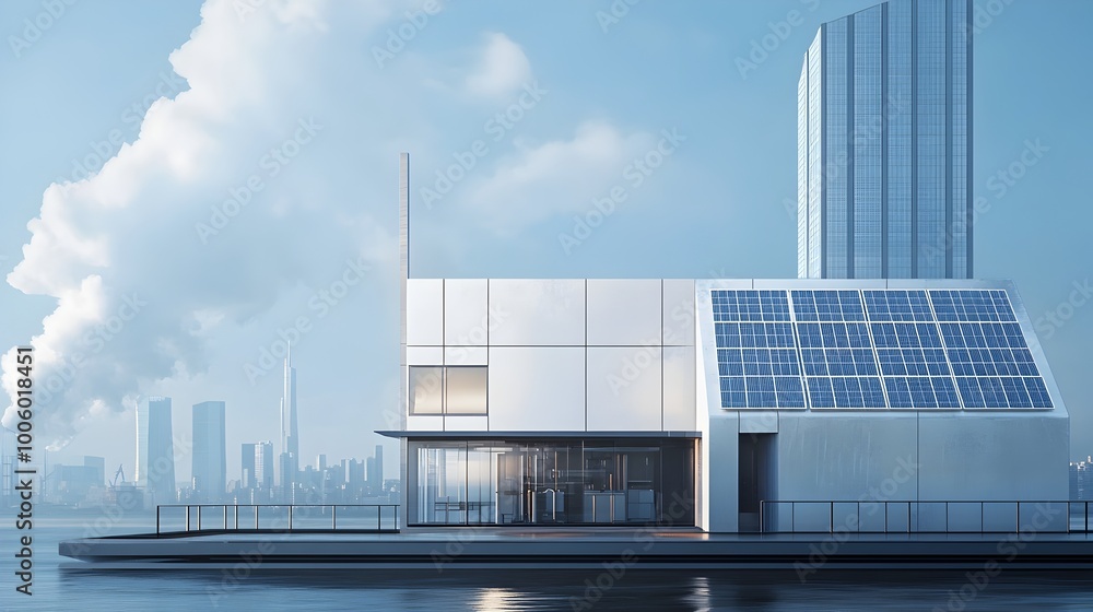 Poster sleek and compact renewable energy processing unit with a minimalist geometric design and an efficie