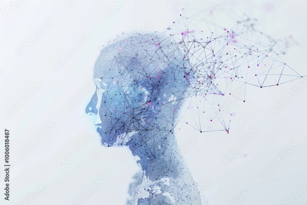 Poster a futuristic representation of a human head merging with digital particles and abstract connections 