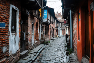 Fototapeta premium A narrow cobblestone street lined with rustic brick buildings, representing historical charm and quiet solitude in a quaint urban setting on a cloudy day.