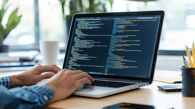 Developer Writing Code on a Sleek Laptop in a Minimalist Office