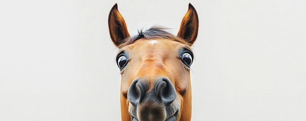 Funny horse portrait with goofy expression, white isolate background