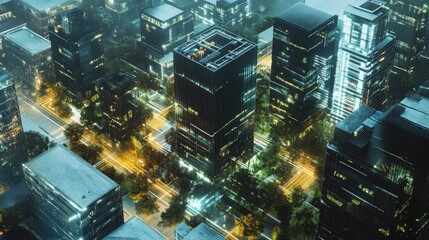 An architectural concept for a smart city block, where all buildings are connected through a central smart grid