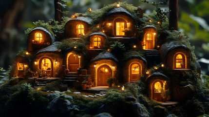 Enchanted Stone House with Glowing Windows in the Woods