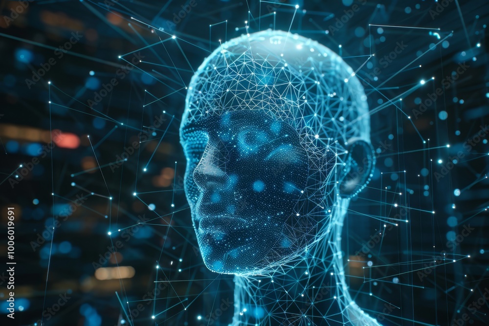 Poster a digital human head amidst complex light and data networks in a dark, cybernetic setting. generativ