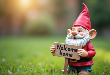 Obraz premium Lawn gnome holding a sign that reads Welcome home