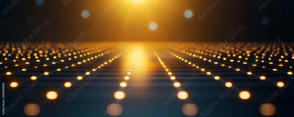 Poster abstract lighting pattern with golden rays and dots, dark background