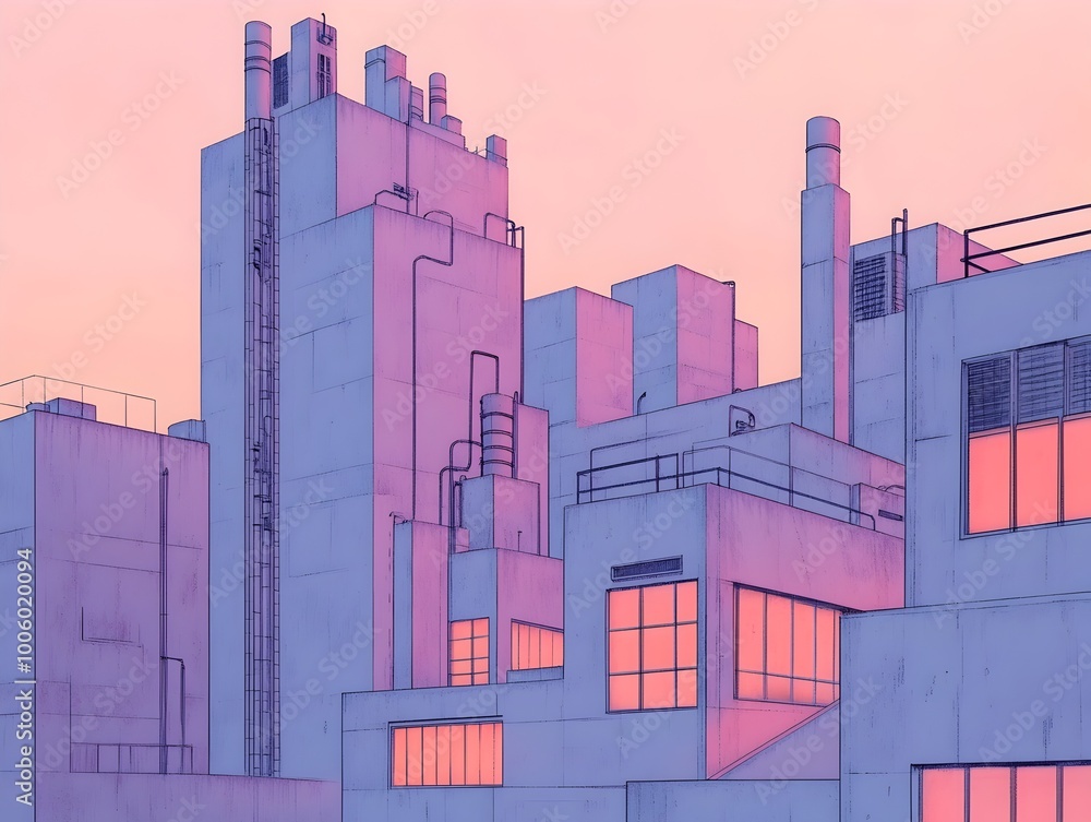 Poster pastel toned minimalist industrial complex featuring contemporary architectural structures with smoo