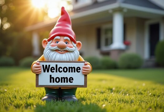Lawn gnome holding a sign that reads Welcome home