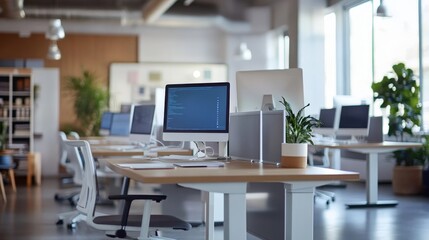 An office equipped with smart desks that track usage and adjust height automatically for ergonomic comfort