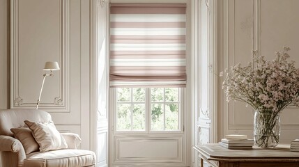 Elegant Living Room with Pink Striped Roman Blinds and Natural Light