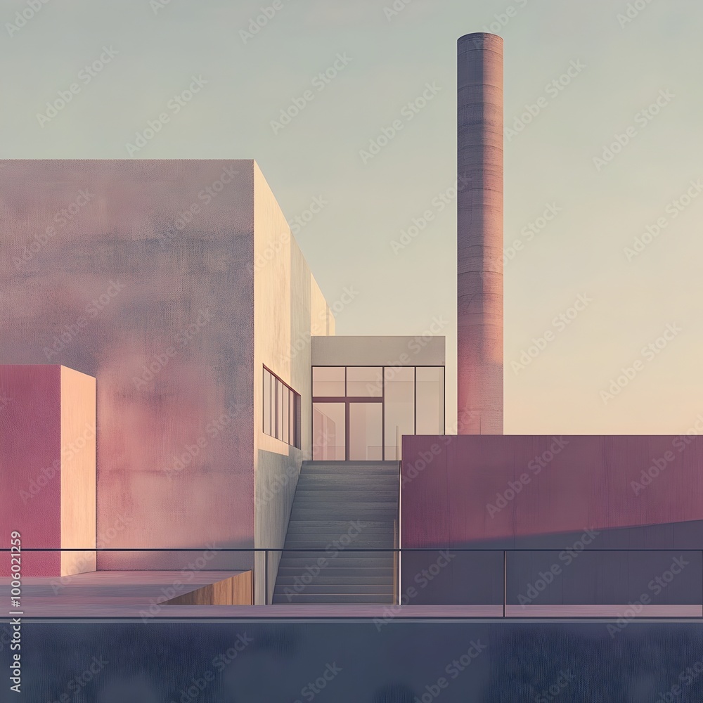 Poster minimalist pastel distillery sleek angular forms and cinematic lighting in an industrial neighborhoo