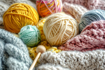 Generative AI illustration, multicolored knitwear knit tools knitting hobby clothes craft