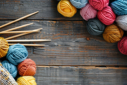 Generative AI illustration, multicolored knitwear knit tools knitting hobby clothes craft