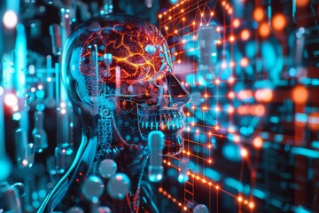 A futuristic representation of human intelligence merging with digital technology in a vibrant neural network. Generative AI