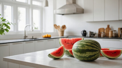 A whole watermelon and slices on a white table against the background of a bright kitchen