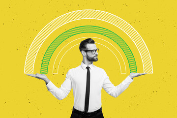 Creative collage young handsome businessman entrepreneur decide choose left right palm hand select...