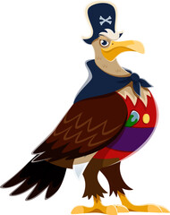 Cartoon eagle bird pirate or Caribbean captain in tricorne hat, vector character. Eagle bird pirate corsair in tricorn hat with crossbones and dagger sword, seaman boatswain zoo animal character