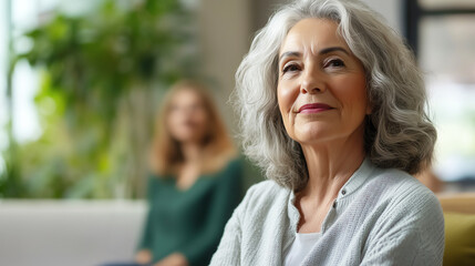 An elderly woman participates in a support group meeting emphasizing the importance of sharing experiences and fostering emotional support within the community