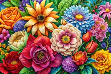 Fototapeta premium A stunning hand-drawn floral artwork featuring vivid colors and detailed petals, perfect for art enthusiasts seeking vibrant, intricate designs to enhance their collections.
