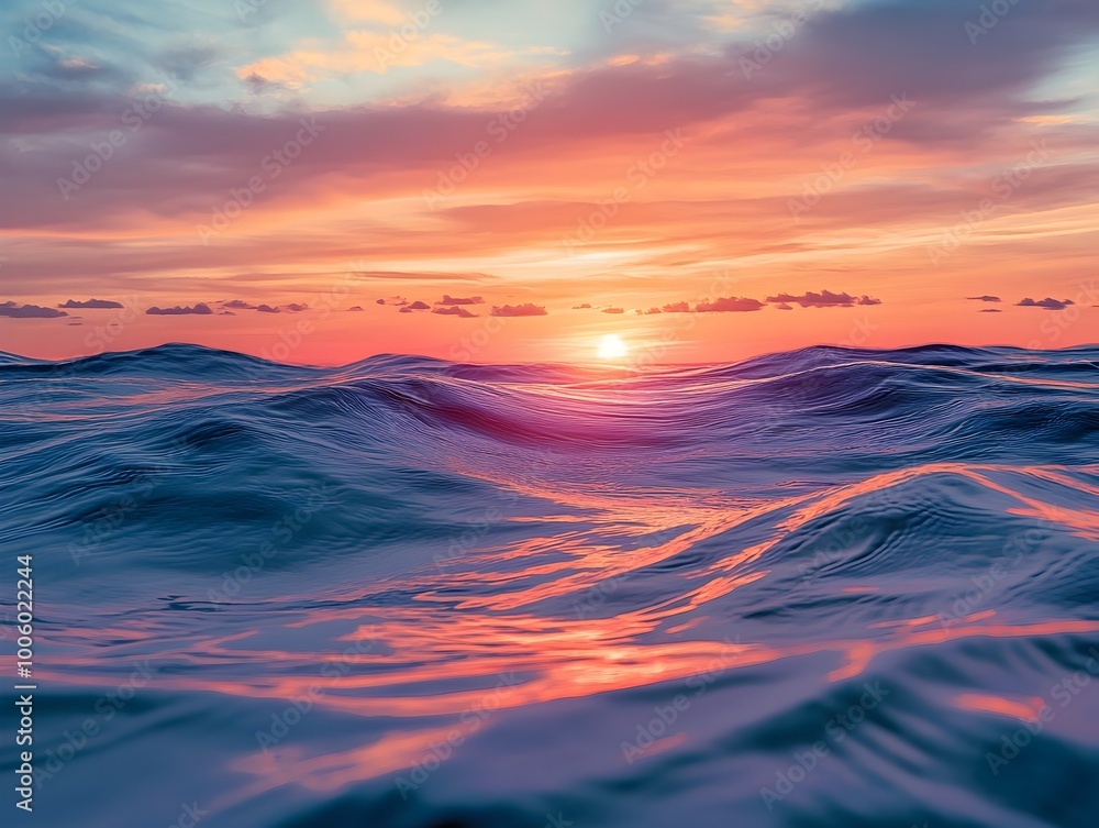 Poster mesmerizing sunset casts a warm glowing light across the gently undulating ocean with soft rippling 