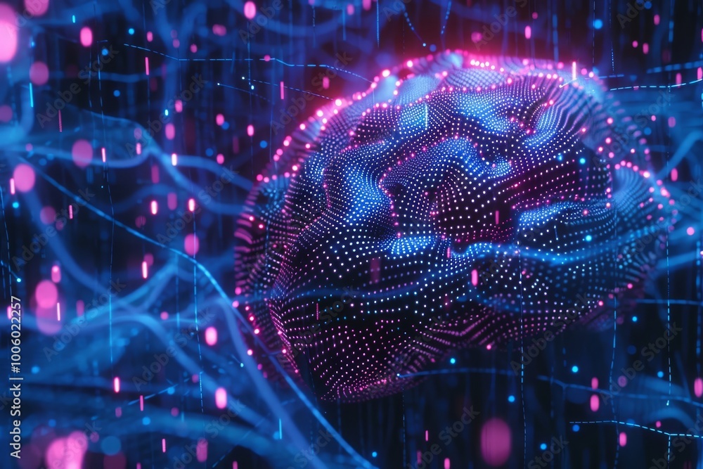Poster exploring the vibrant connections of a digital brain in a futuristic abstract representation at nigh