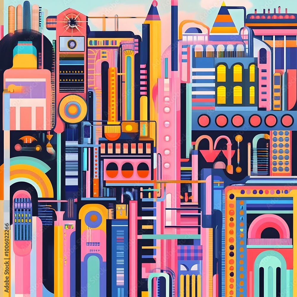 Poster vibrant and simplified power plant featuring geometric shapes patterns and a neon palette with a mod