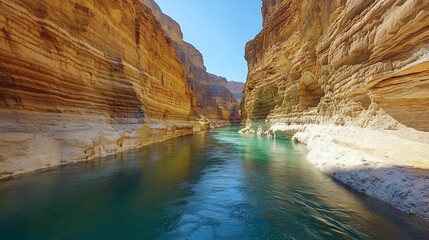 A river flows through a narrow canyon with steep, layered walls and a turquoise hue.