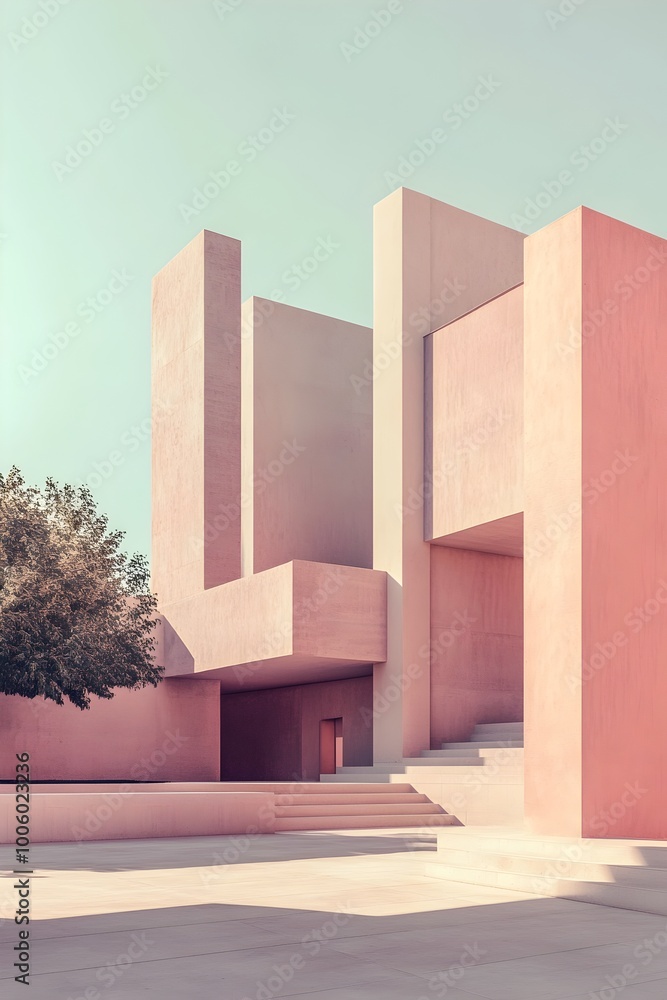 Poster pastel toned minimalist interior of a distillery featuring sharp angular lines geometric planes and 