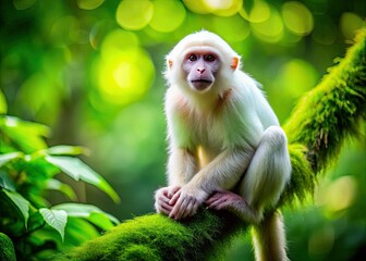 Obraz premium A stunning white monkey sits gracefully on a branch, surrounded by vibrant greenery, its unique charm radiating in the heart of the lush forest.