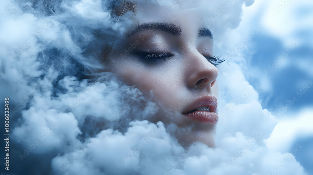 Wall mural Woman Surrounded by Clouds, Dreaming in the Sky