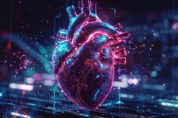 A vibrant digital representation of a human heart pulsing with energy amidst a futuristic backdrop of glowing circuitry. Generative AI