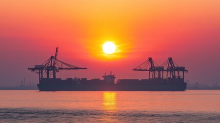 Obraz premium Busy logistics center at sunrise, with cranes loading containers onto a massive cargo ship bound for international trade.