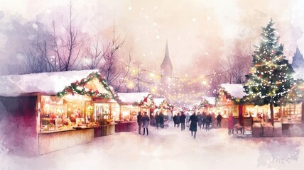 Ethereal watercolor Christmas market illustration with delicate stalls and festive decor, creating a soft, dreamy holiday atmosphere. Christmas market