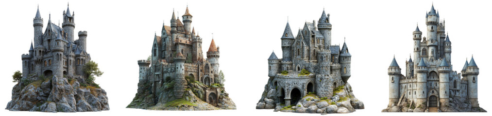 Fototapeta premium detailed medieval castles four different designs rocky landscape transparent background