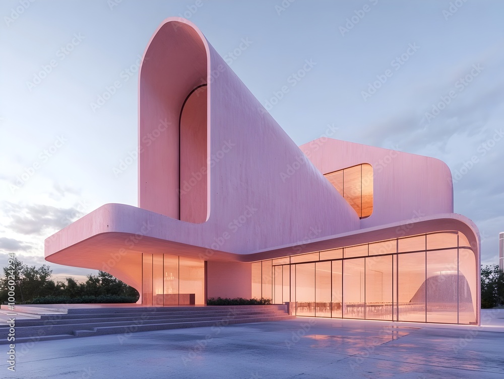 Poster pastel colored modernist architectural design featuring a compact distillery with sharp angles smoot