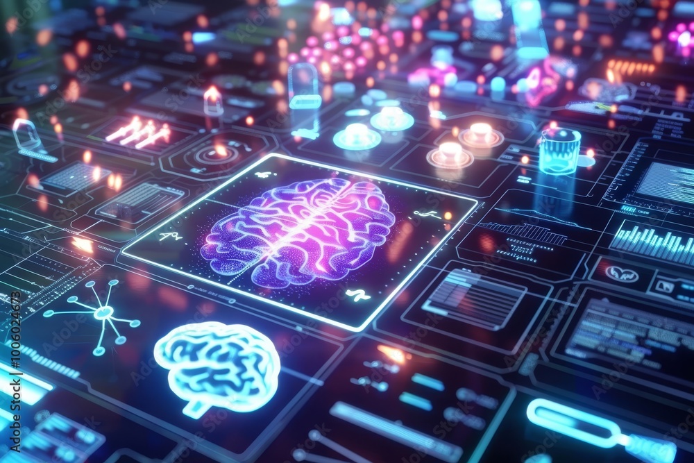 Poster exploring the vibrant connection between technology and the human mind in a futuristic digital lands