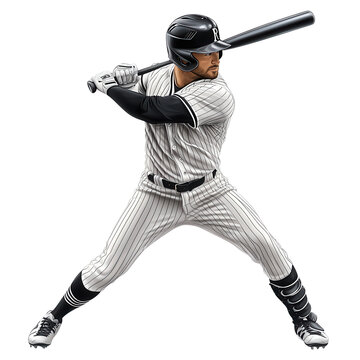 Baseball player in action, preparing to swing the bat. Athlete in uniform ready for batting. Dynamic sports moment on field isolate on transparency background